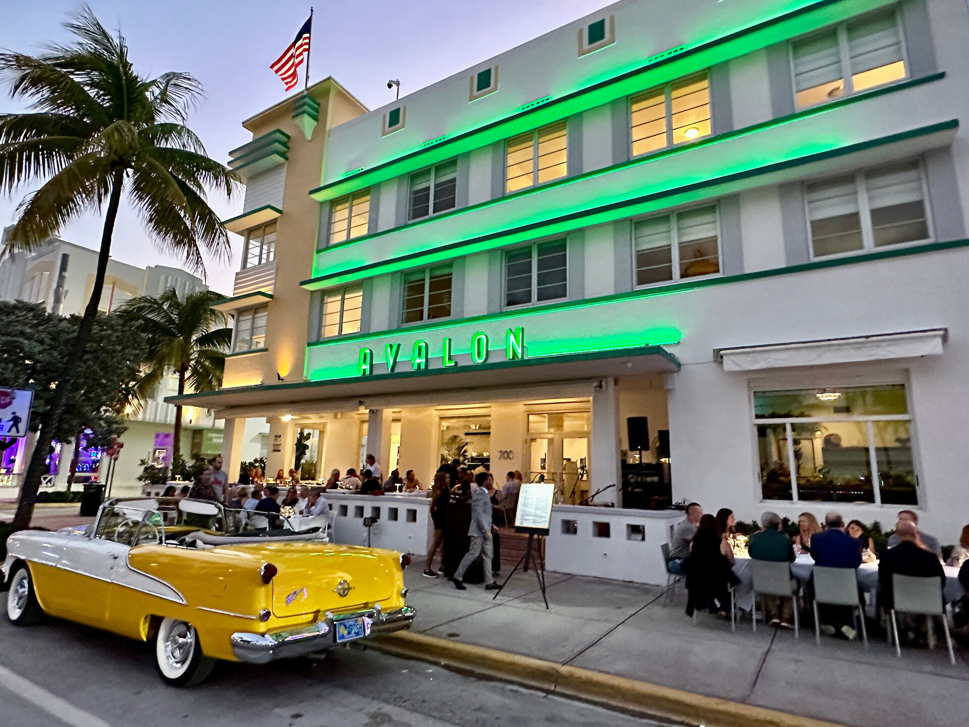 Hotel exterior with classic car