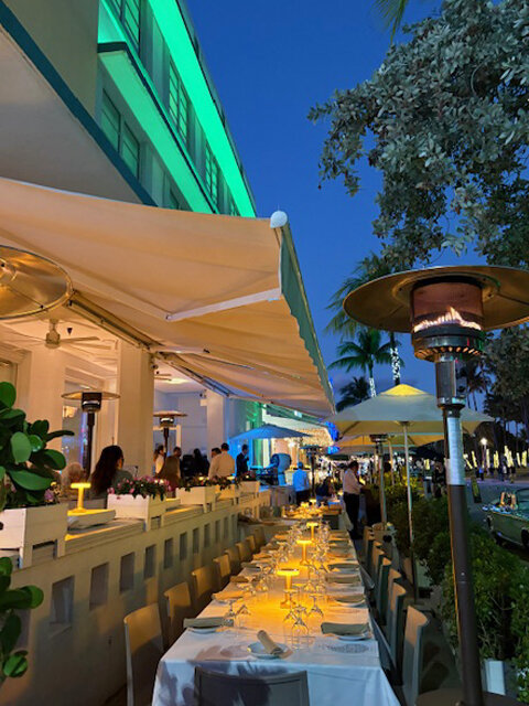 A long table set for dinner outside under an awning with heaters and plants.